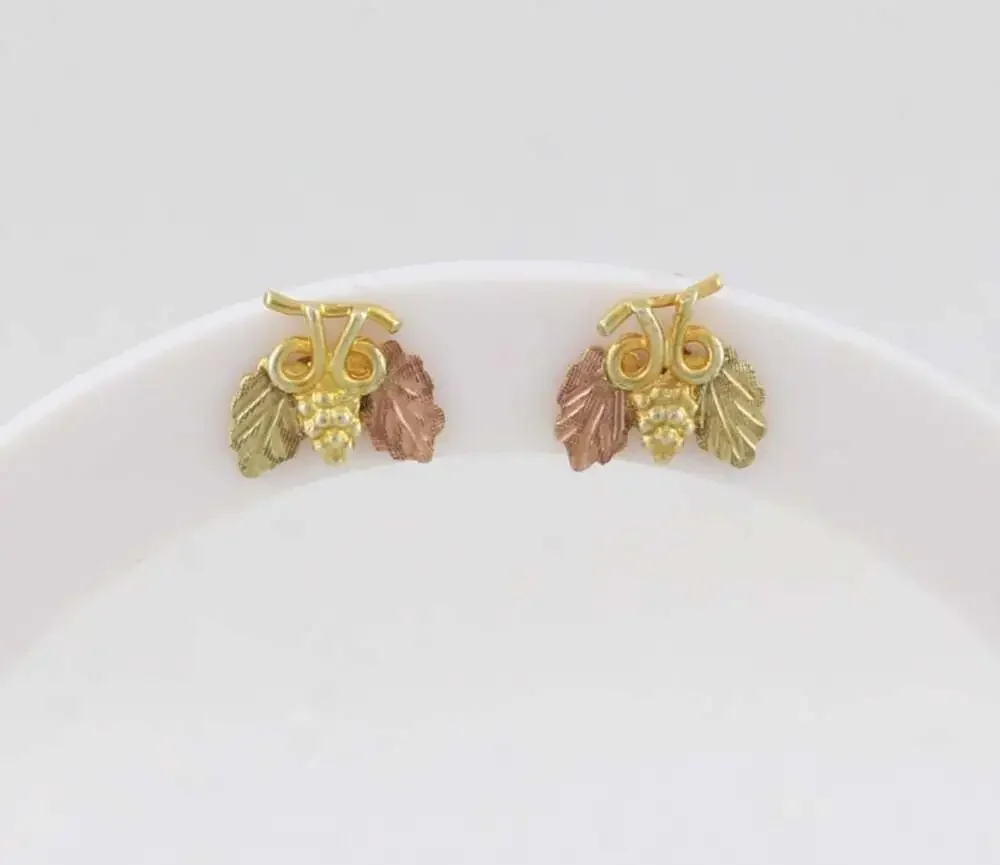 12k Yellow Gold Black Hills Gold Leaf Earrings Stud Post 3/8